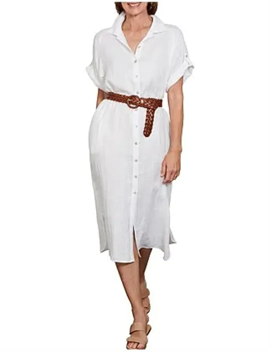 Eb And Ive Short Tab Sleeve Linen Studio Shirt Dress Salt Size S for rent on The Volte - main image