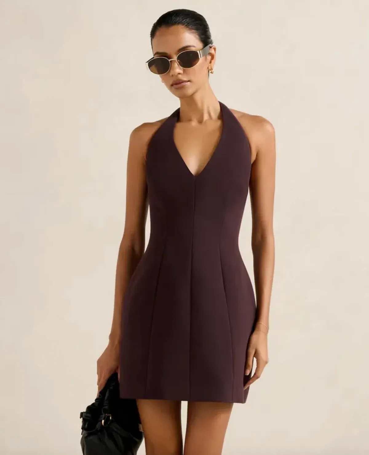 Riley Petite Structured Halter Mini Dress chocolate size 10  for rent on The Volte - main image