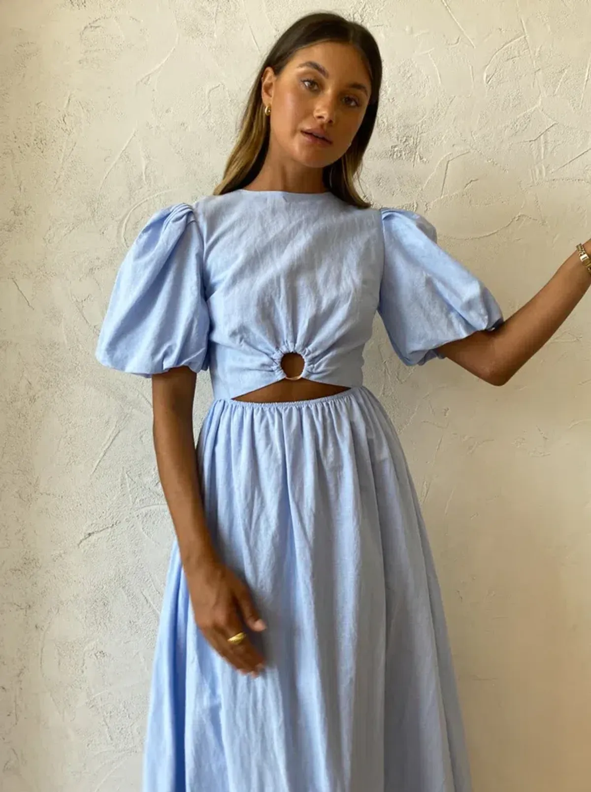 By Nicola Dahlia Ring Detail Maxi Dress In Sky for rent on The Volte - main image