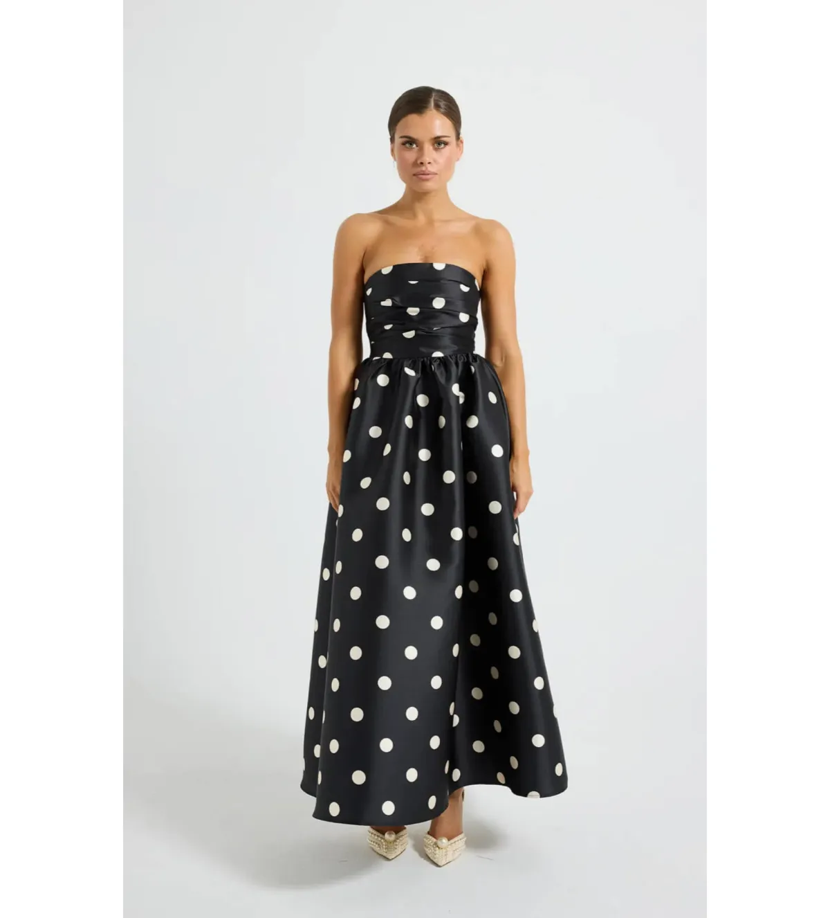 Pasduchas Dottie Strapless Midi Dress Black/Cream Size AU 10 for rent on The Volte - main image