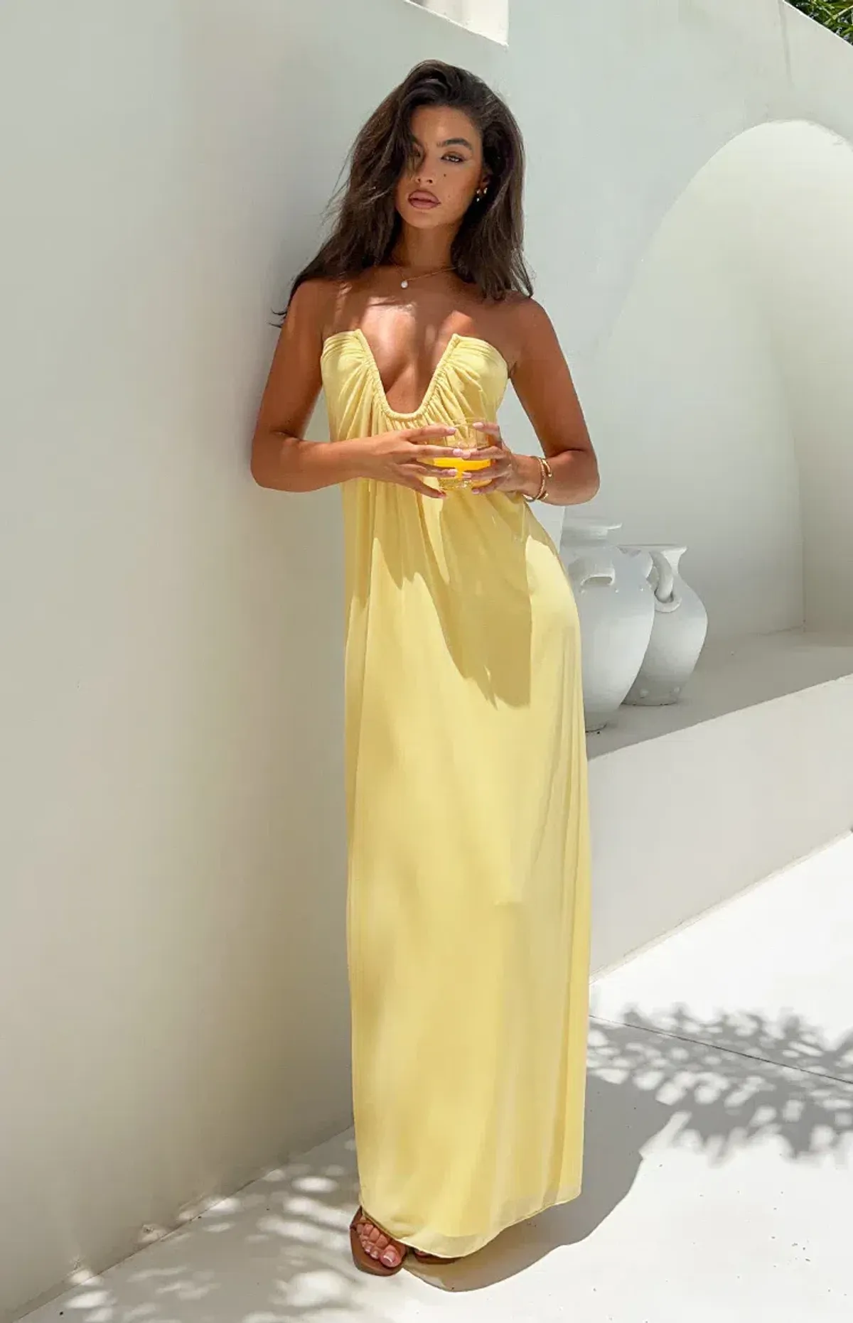 Beginning Boutique Braelyn Yellow Strapless Maxi Dress for rent on The Volte - main image