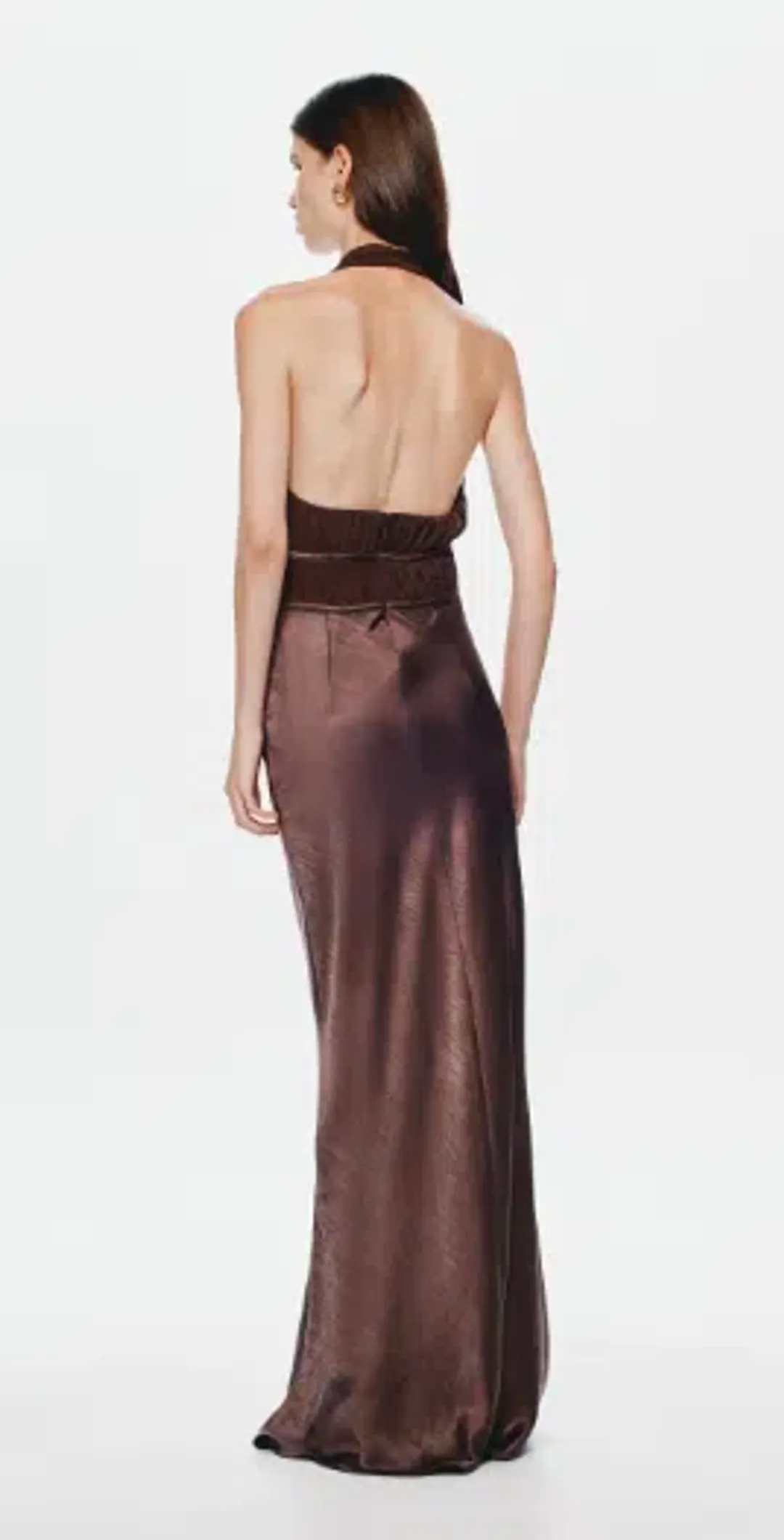 MISHA Celine Satin Maxi Brown size 10  for rent on The Volte - main image