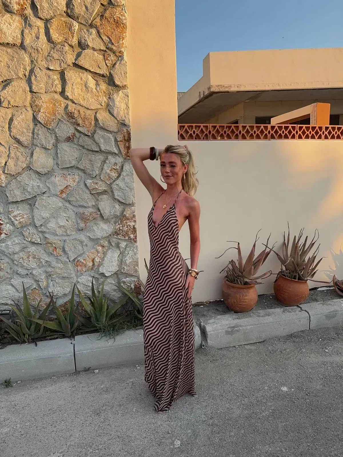 Design By Si | Lunia mesh dress with open back – Brown/off white for rent on The Volte - main image