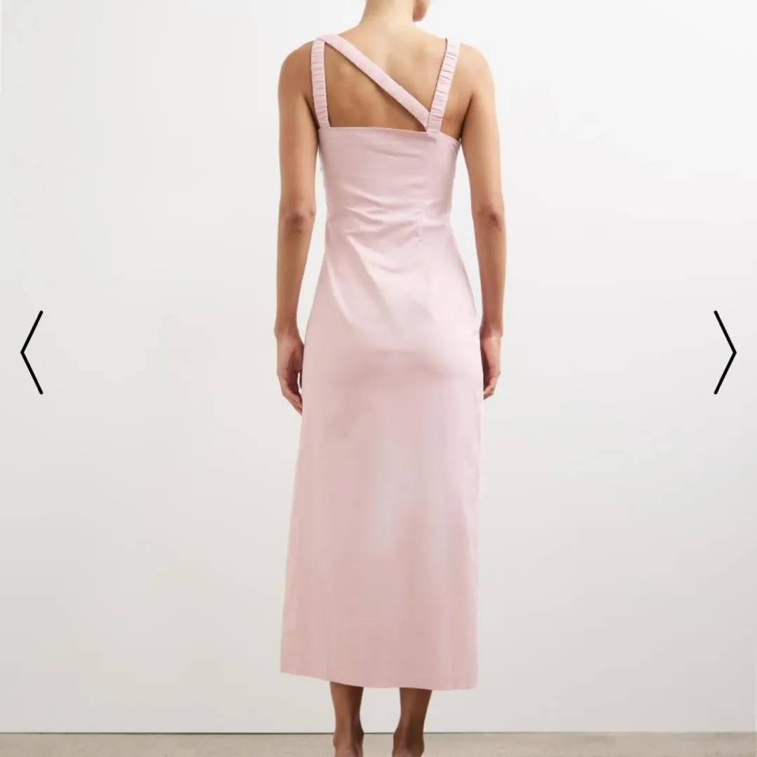 Lover Kilian Asymmetric Tuck Midi Dress in Baby Pink Size 10  for rent on The Volte - main image