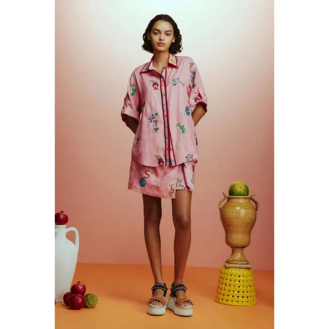ALEMAIS Timmy Embroidered Shirt & Sarong Skirt Pink Size 10 AU for rent on The Volte - main image
