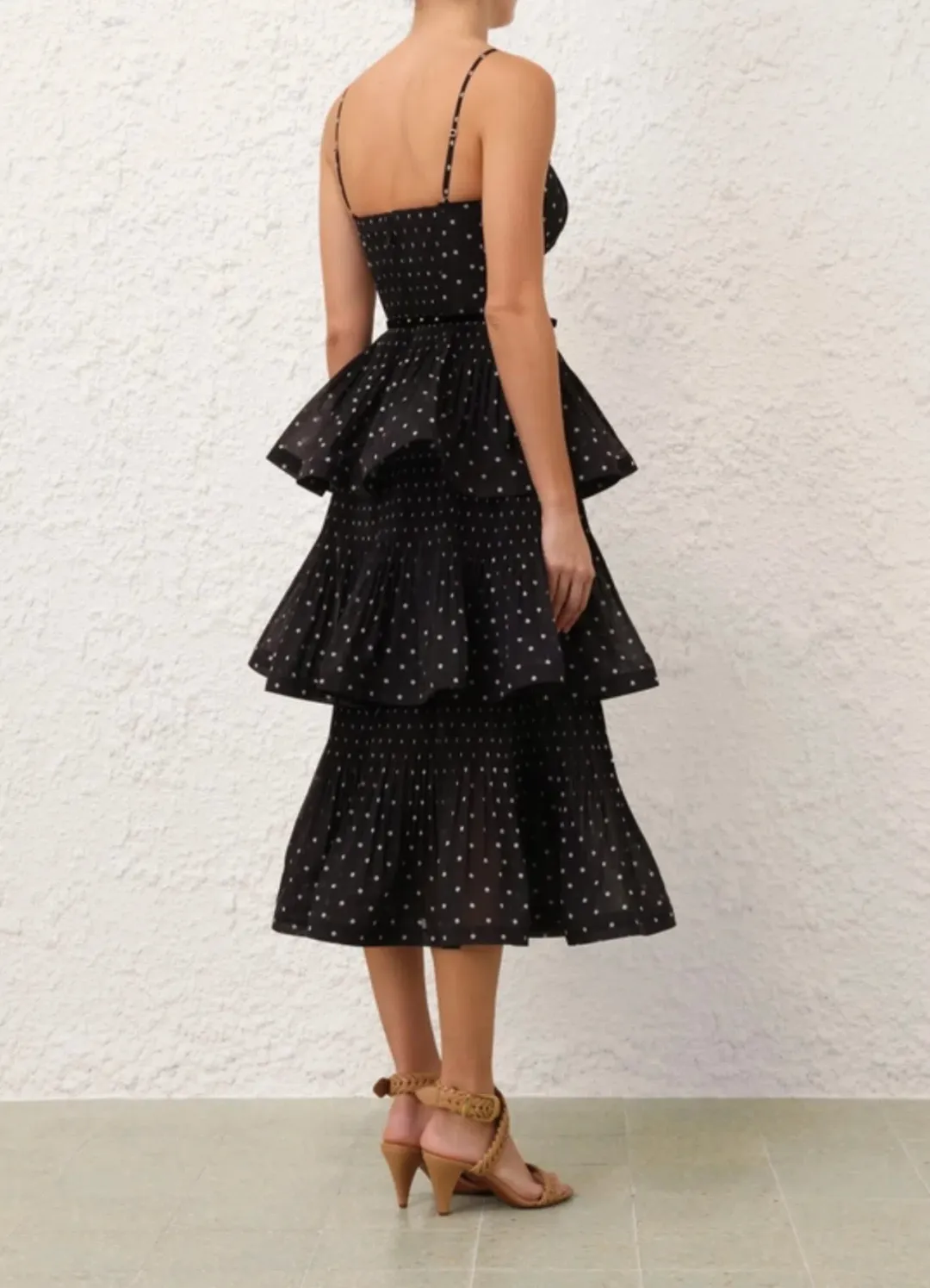 Zimmermann Pleated Tiered Midi Dress in Black Polka Dot Size 2/AU 12 for rent on The Volte - main image