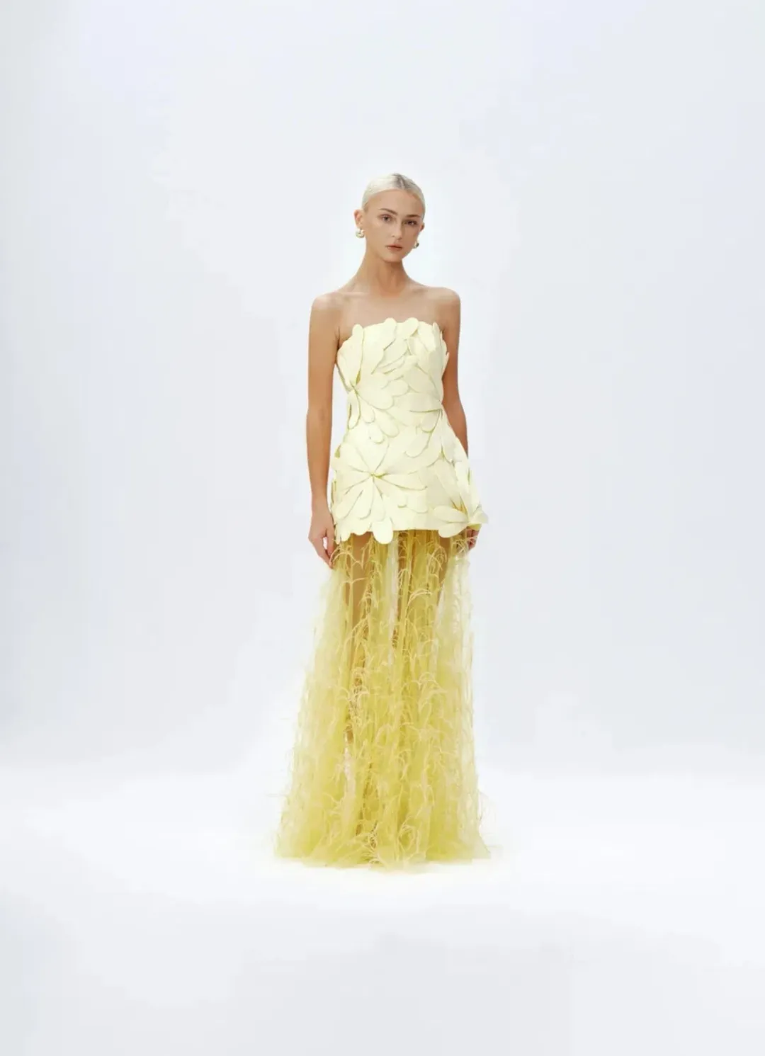 Justin Tong Marisol Applique Gown Yellow Feather Sheer Dress Size 10 for rent on The Volte - main image