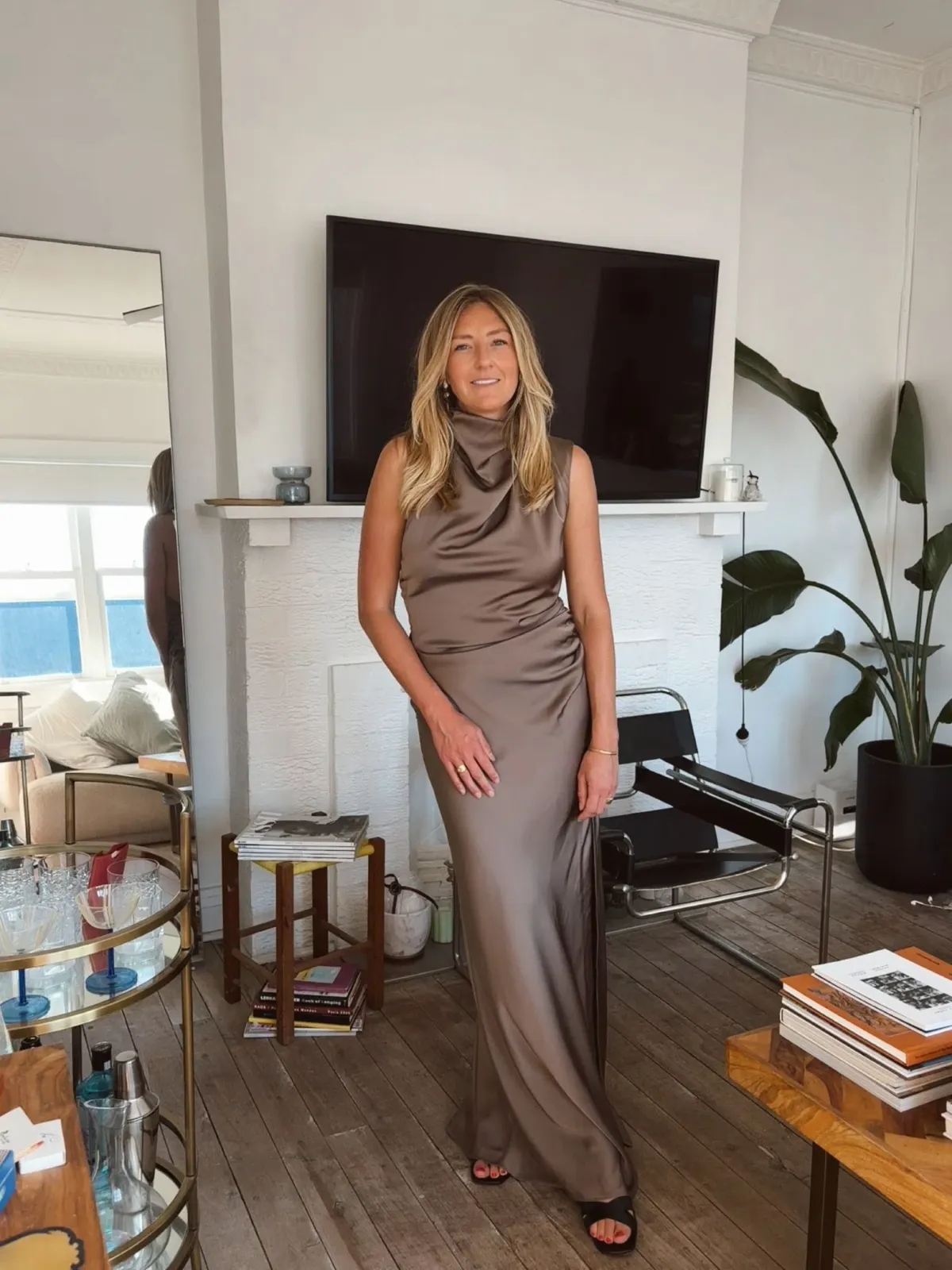 MISHA Constantina Satin Gown in Iron Grey, Size M / 10 for rent on The Volte - main image