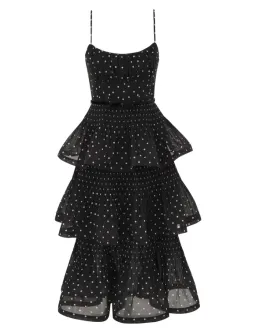Zimmermann Pleated Tiered Midi Dress Black Cream Polka Dot Size 0 for rent on The Volte - image 1