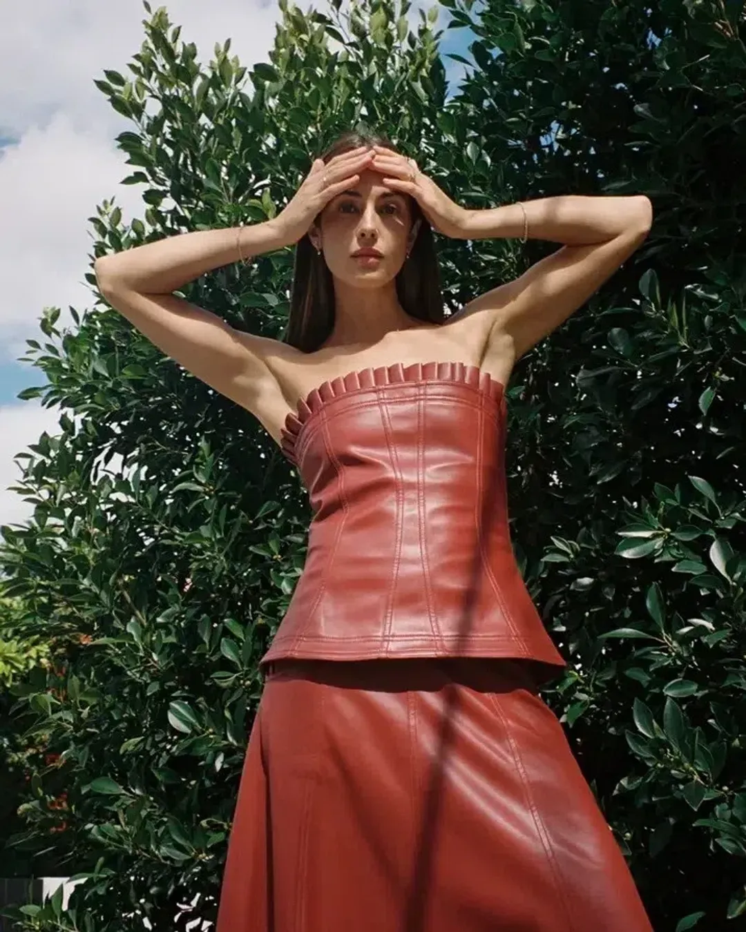  Aje Stanhope Vegan Leather Corset Top Burgundy Size AU 6 / XS for rent on The Volte - main image