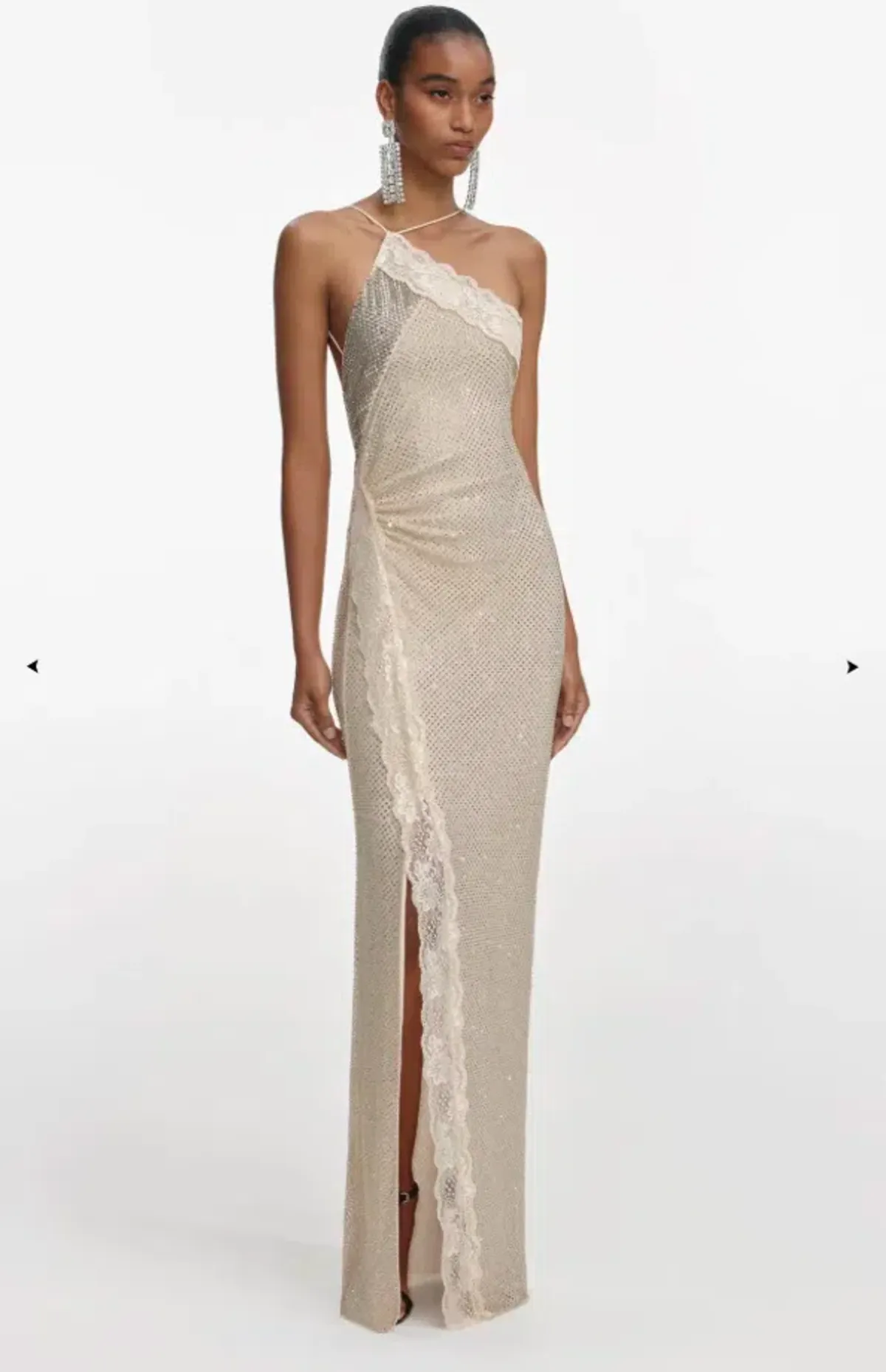 SELF-PORTRAIT CHAMPAGNE RHINESTONE LACE TRIM MAXI DRESS IN AU 8  for rent on The Volte - main image