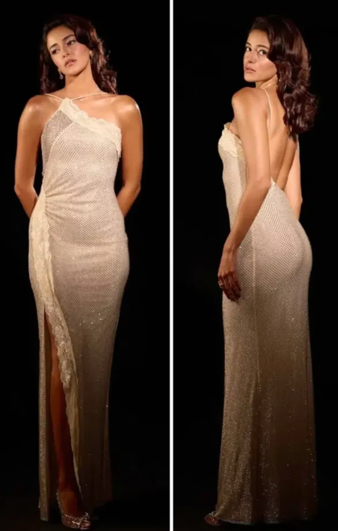 SELF-PORTRAIT CHAMPAGNE RHINESTONE LACE TRIM MAXI DRESS IN AU 8  for rent on The Volte - main image