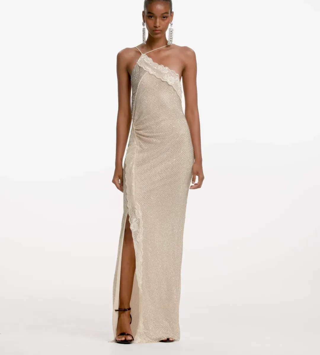 SELF-PORTRAIT CHAMPAGNE RHINESTONE LACE TRIM MAXI DRESS IN AU 8  for rent on The Volte - main image