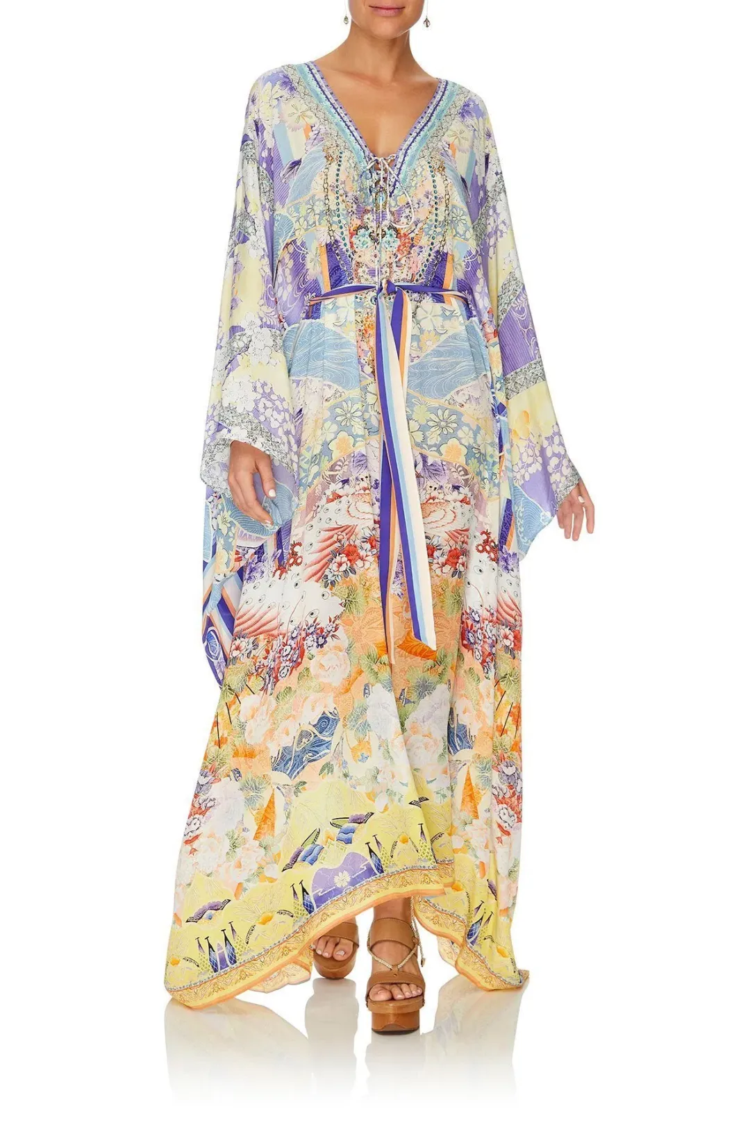 Girl In The Kimono Split Hem Lace Up Kaftan for rent on The Volte - main image