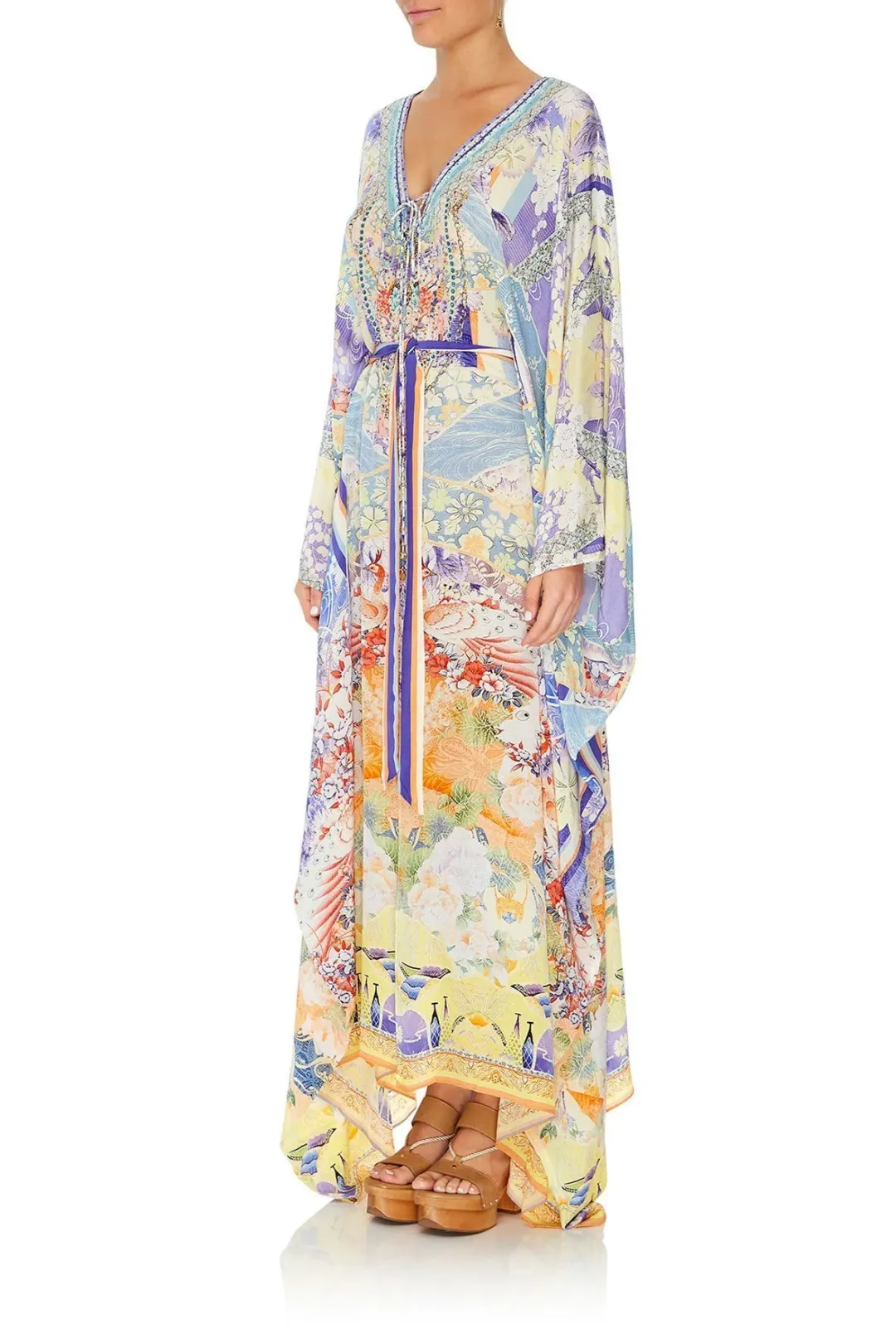 Girl In The Kimono Split Hem Lace Up Kaftan for rent on The Volte - main image