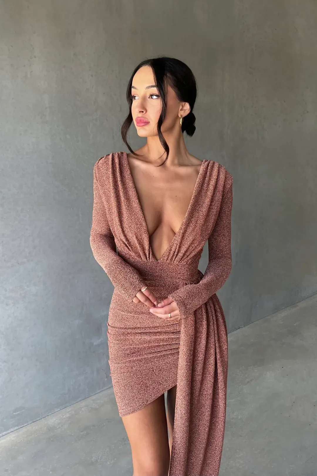 Mariya Bronze Gold Foil Dress for rent on The Volte - main image