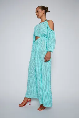 Turquoise Gingham Drawstring Dress for rent on The Volte - image 3