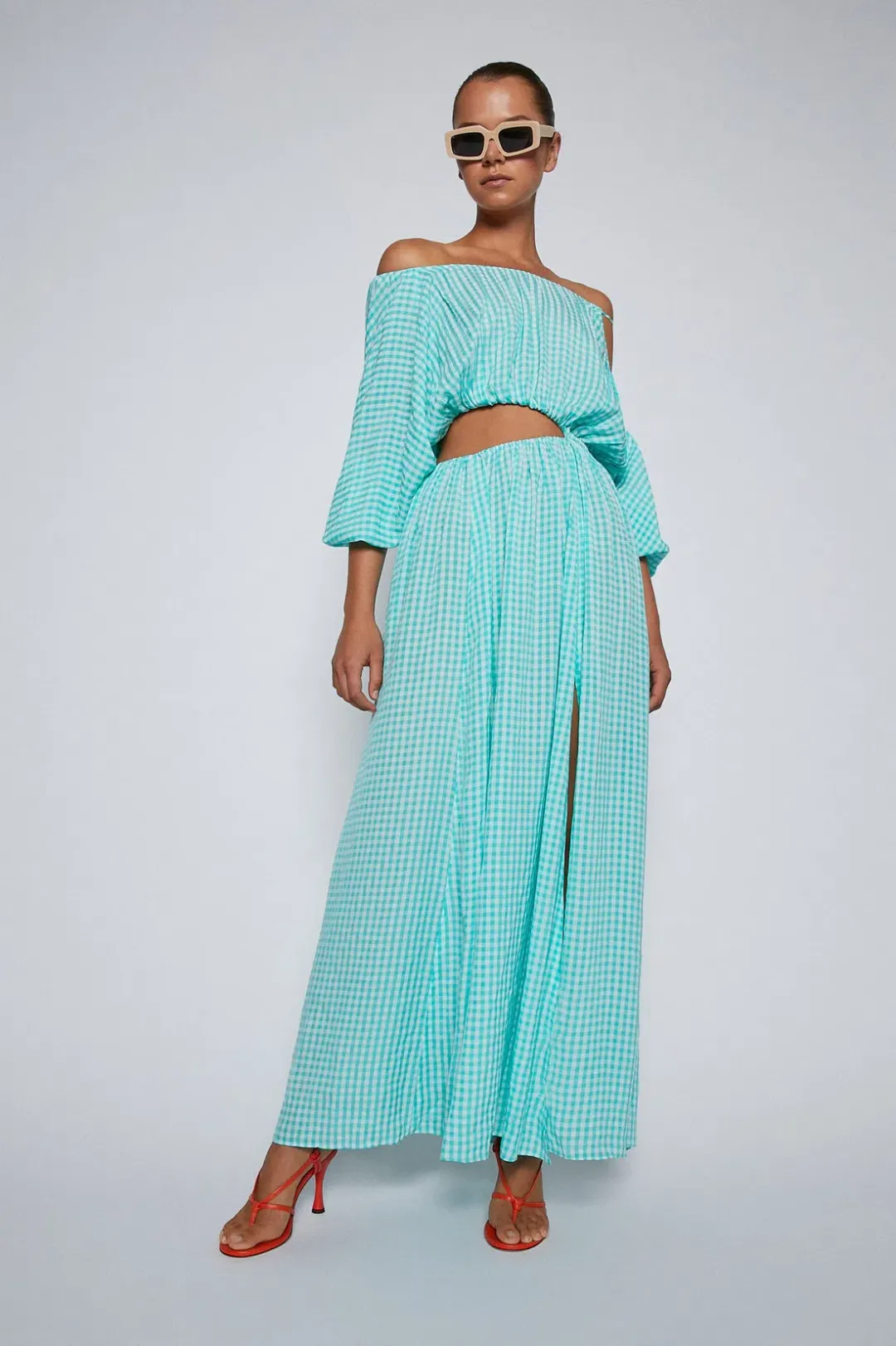 Turquoise Gingham Drawstring Dress for rent on The Volte - main image
