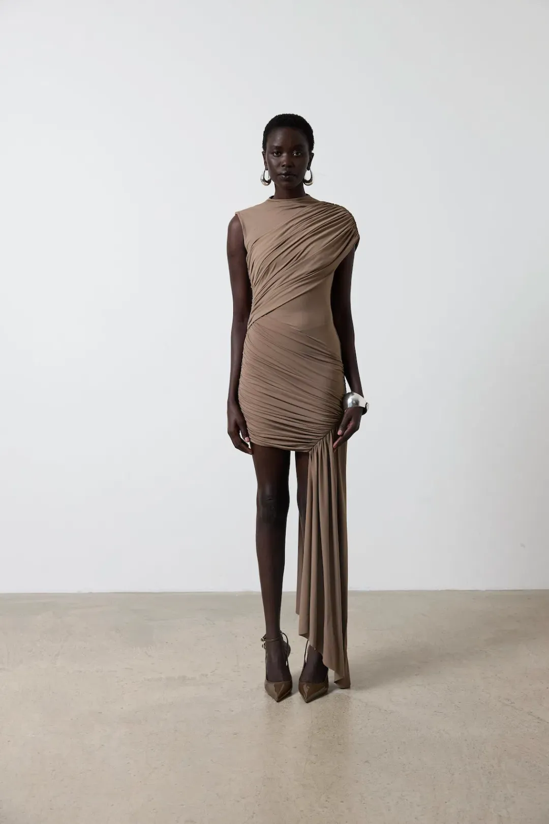 De La Vali Ravenna Mini Dress in Taupe Size AU 6 for rent on The Volte - main image