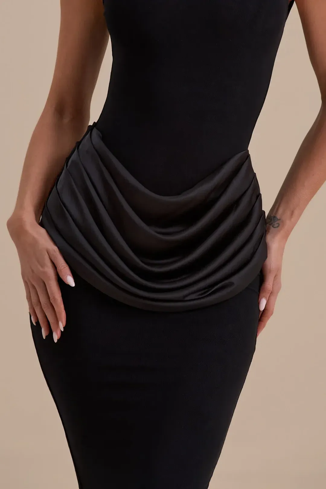 Wanderdoll Eman sleeveless slash neck satin drape waist detail bodycon maxi dress in black Size 12 for rent on The Volte - main image
