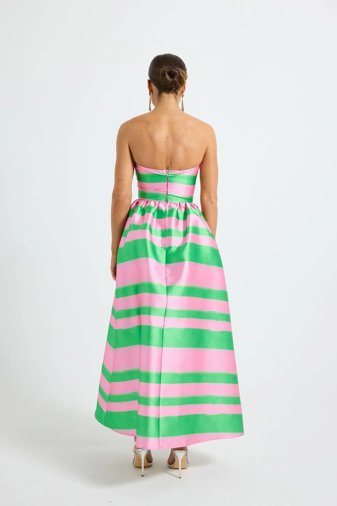 Pasduchas Gigi Strapless Midi Dress in Watermelon Green/Pink Stripe Print Size 10 for rent on The Volte - main image