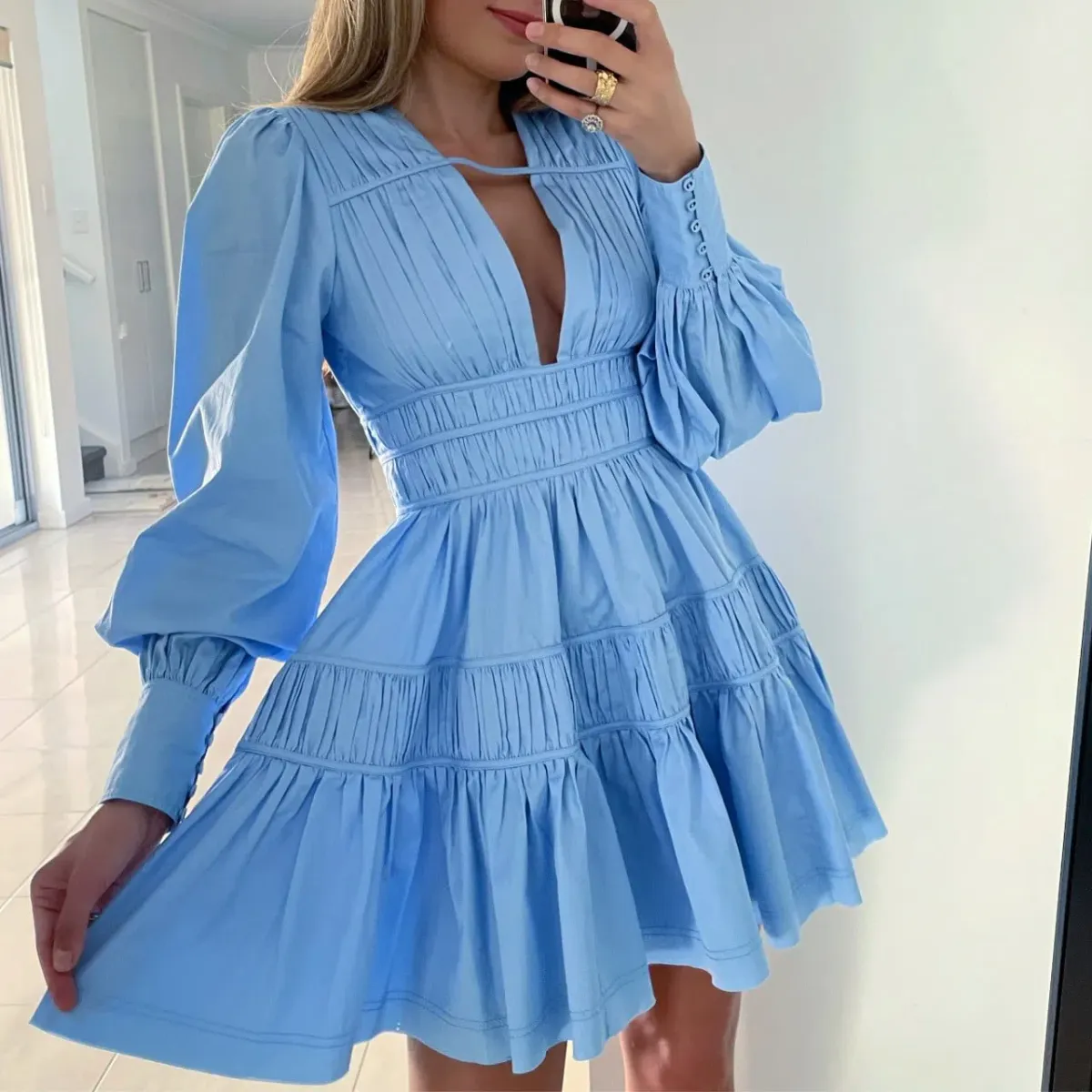 Aje Fallingwater Gathered Mini Dress size 8 Blue for rent on The Volte - main image