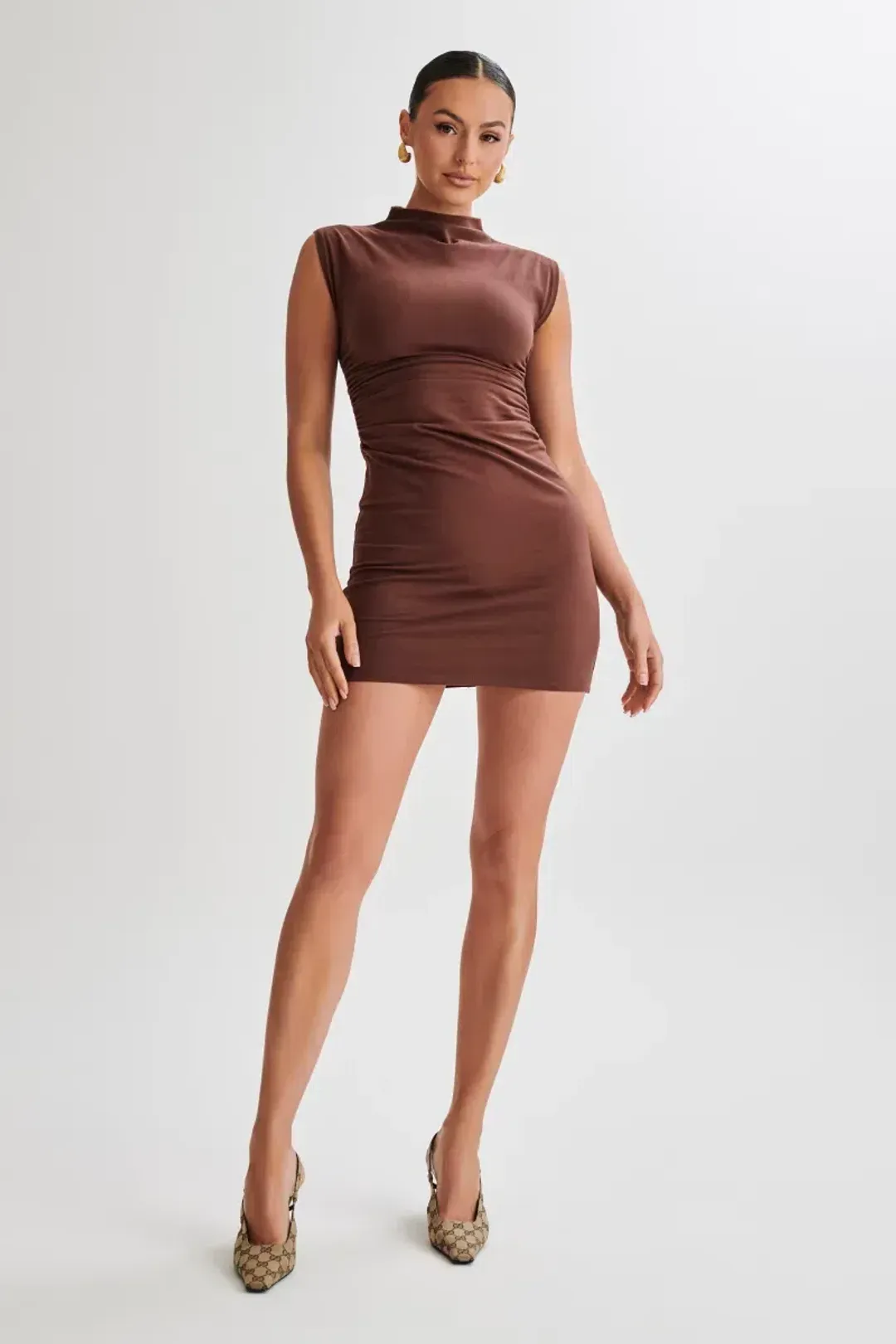 Meshki - Melania High Neck Mini Dress - Mocha - Size M for rent on The Volte - main image