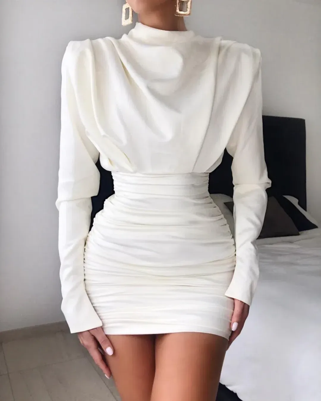 House Of CB Giorgiana Satin Draped Ruched Dress Ivory Cream 6 Extra Small XS for rent on The Volte - main image