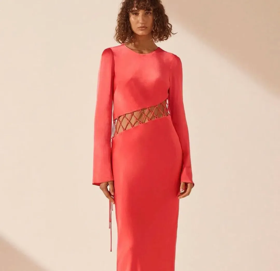 Shona Joy Lydie Asymmetric Red Maxi Dress with tie detail Size 10  for rent on The Volte - main image