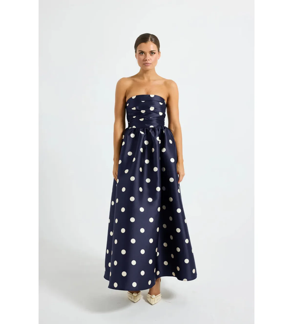 Pasduchas Dottie Strapless Midi Dress in Navy Size AU12 for rent on The Volte - main image