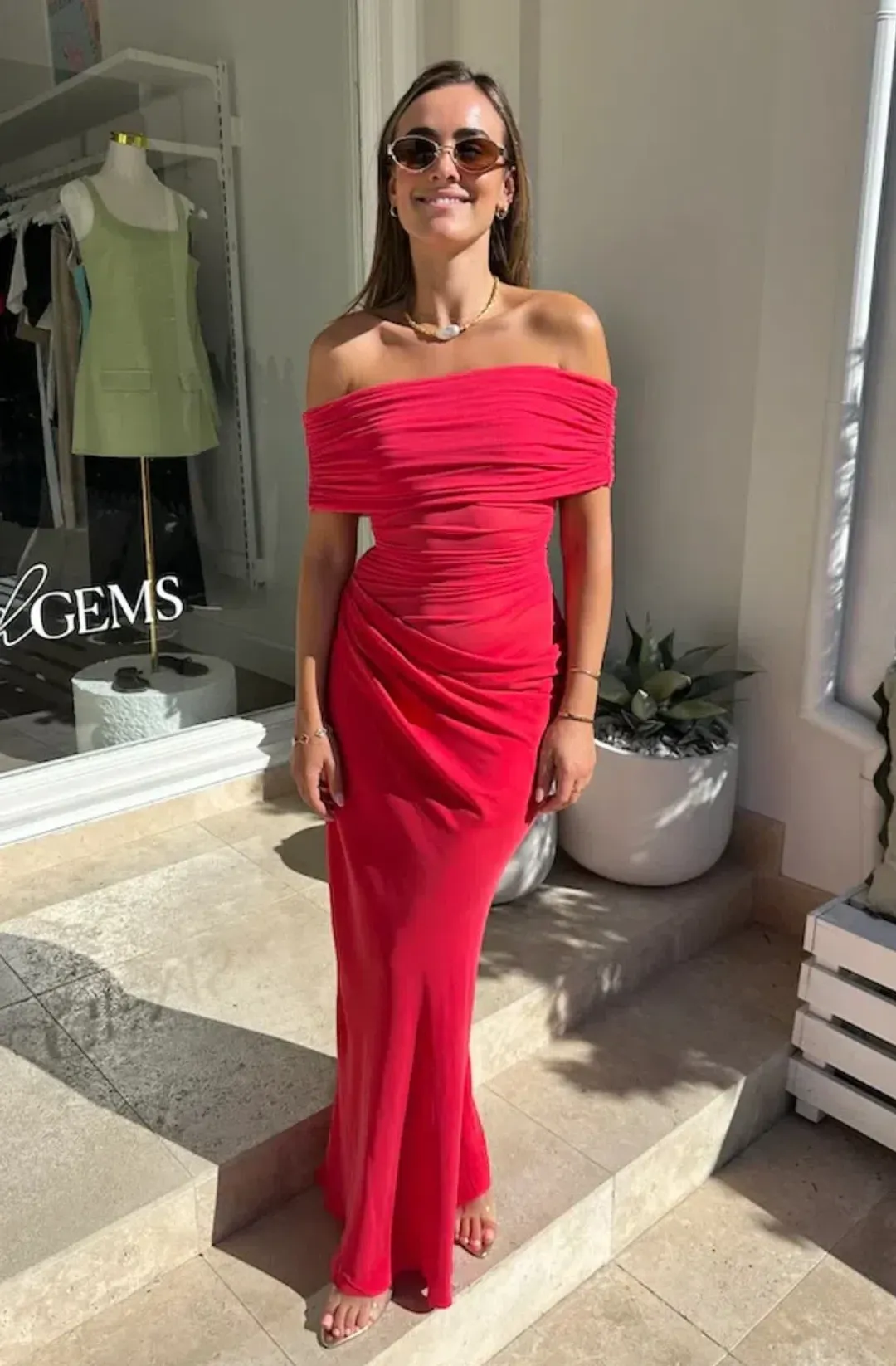 BENNI Nico Off Shoulder Maxi Dress - Watermelon Size 6 for rent on The Volte - main image