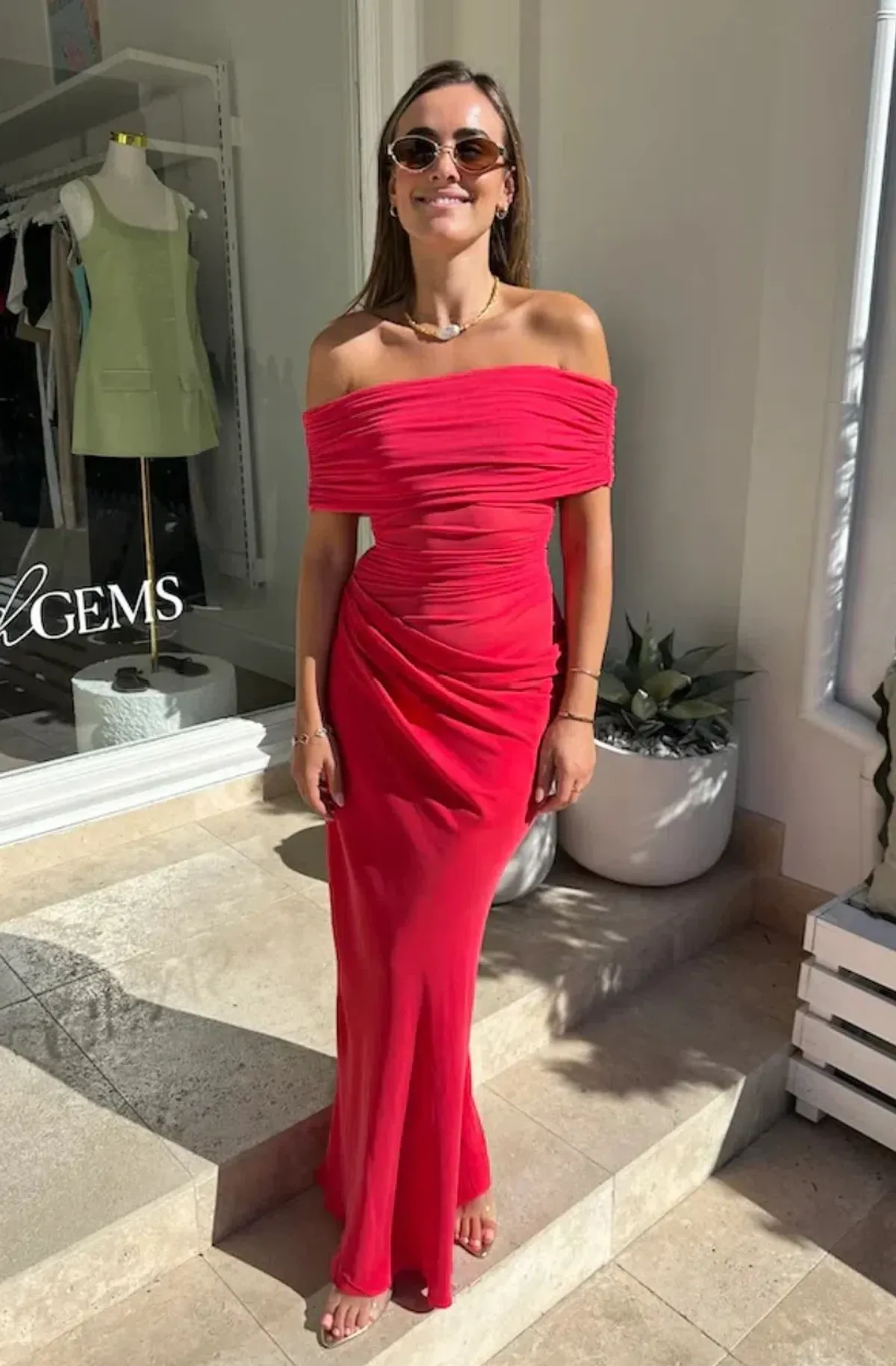 BENNI Nico Off Shoulder Maxi Dress - Watermelon Size 6 for rent on The Volte - main image