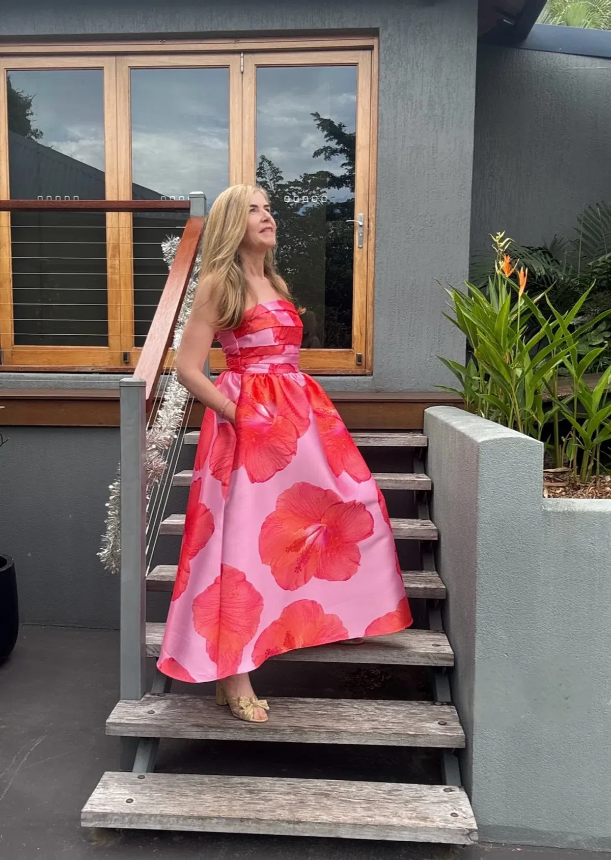 Pasduchas Kalani Strapless Midi Rasberry Pink / Orange size 10 for rent on The Volte - main image