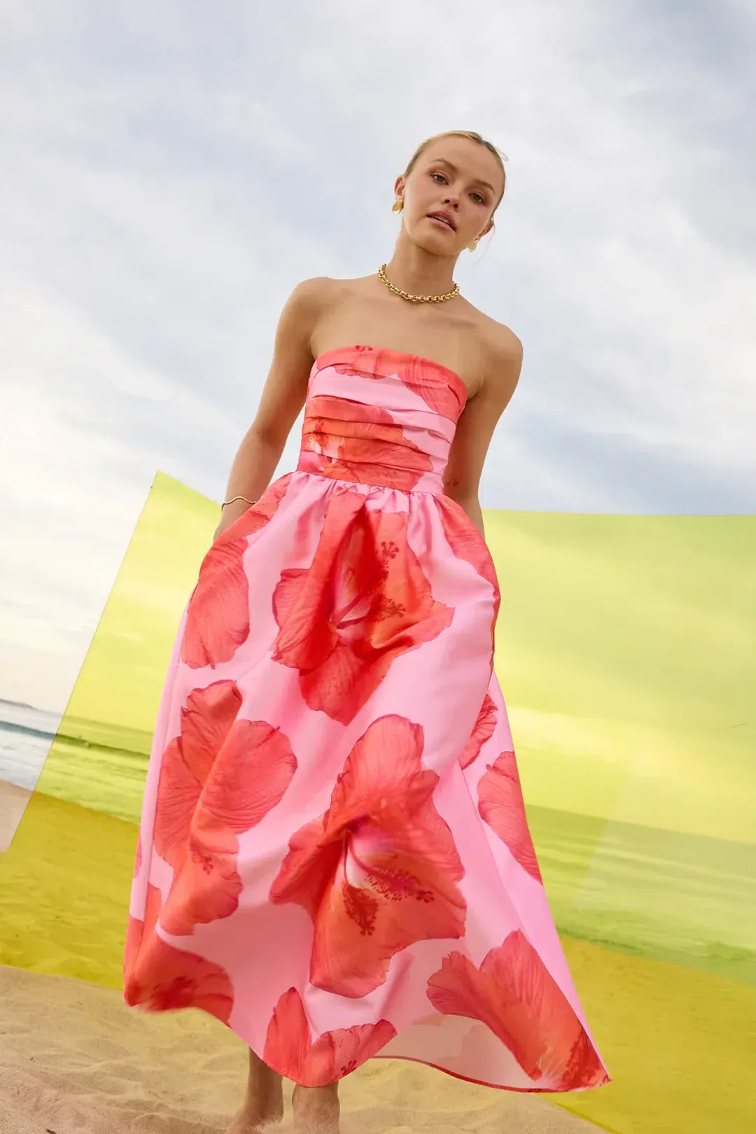 Pasduchas Kalani Strapless Midi Rasberry Pink / Orange size 10 for rent on The Volte - main image