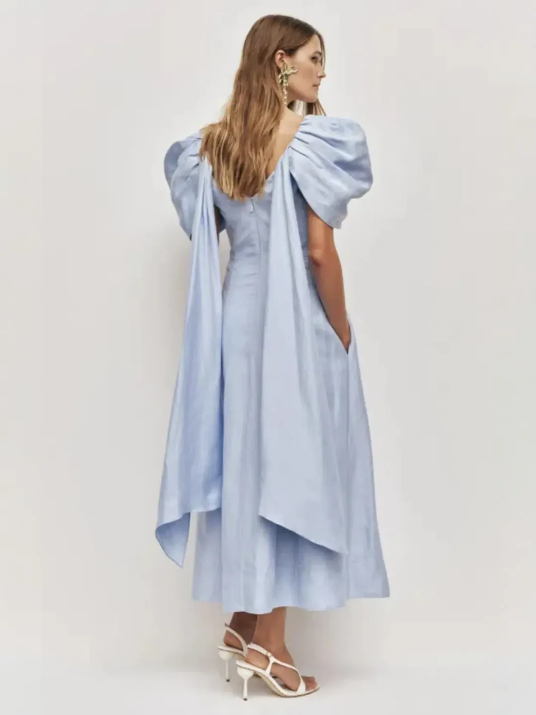 Aje Bisou Midi Dress Size AU 14 Pale Blue Puff Sleeve Gown for rent on The Volte - main image
