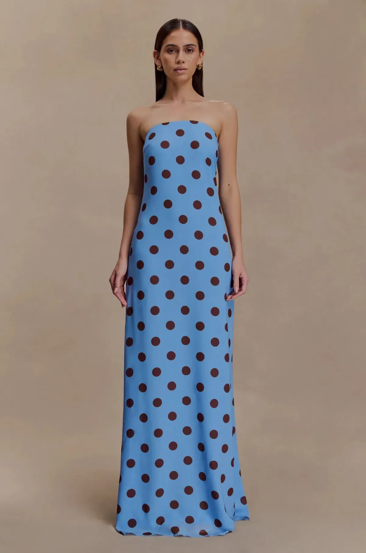 MESHKI Amaya Strapless Chiffon Maxi Dress - Blue Polka Dot Size M for rent on The Volte - main image