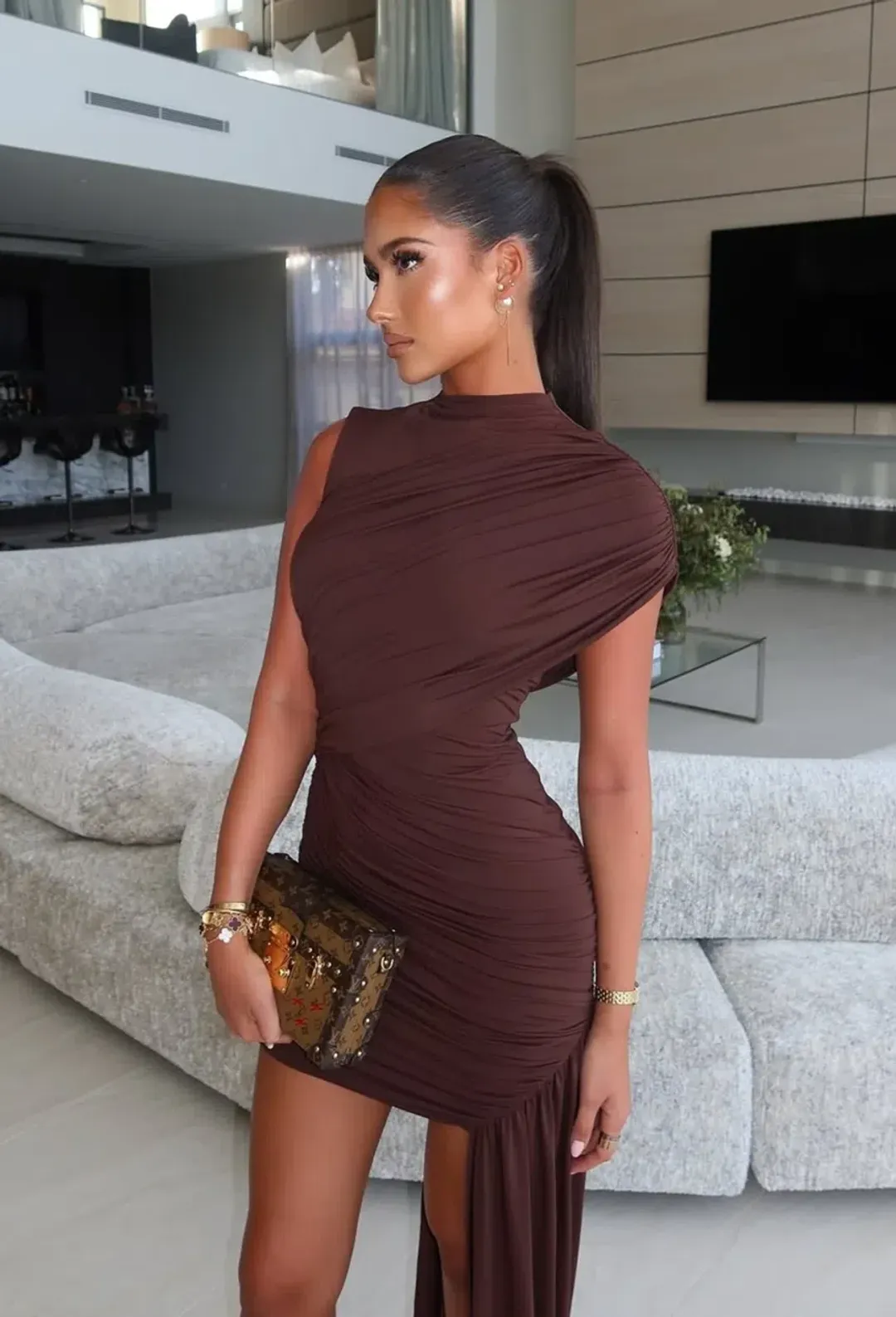 De La Vali Ravenna Mini Dress in Chocolate Brown Jersey Size XS for rent on The Volte - main image
