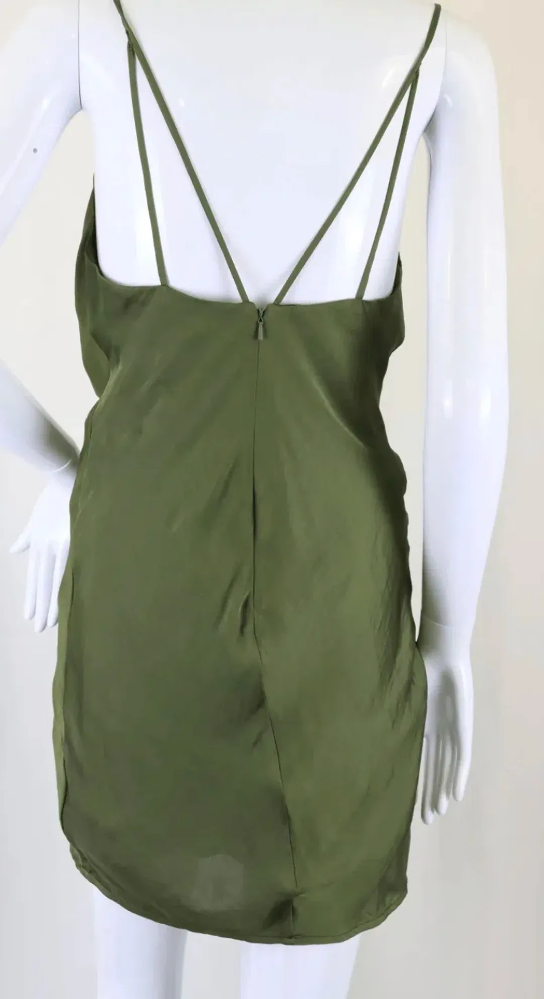 Bardot Olive Satin Slip Dress with Strappy Back – Size 8 for rent on The Volte - main image
