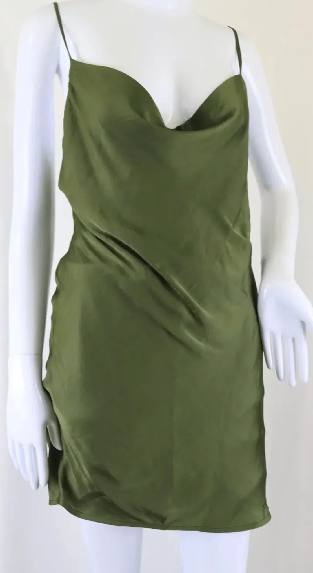 Bardot Olive Satin Slip Dress with Strappy Back – Size 8 for rent on The Volte - main image