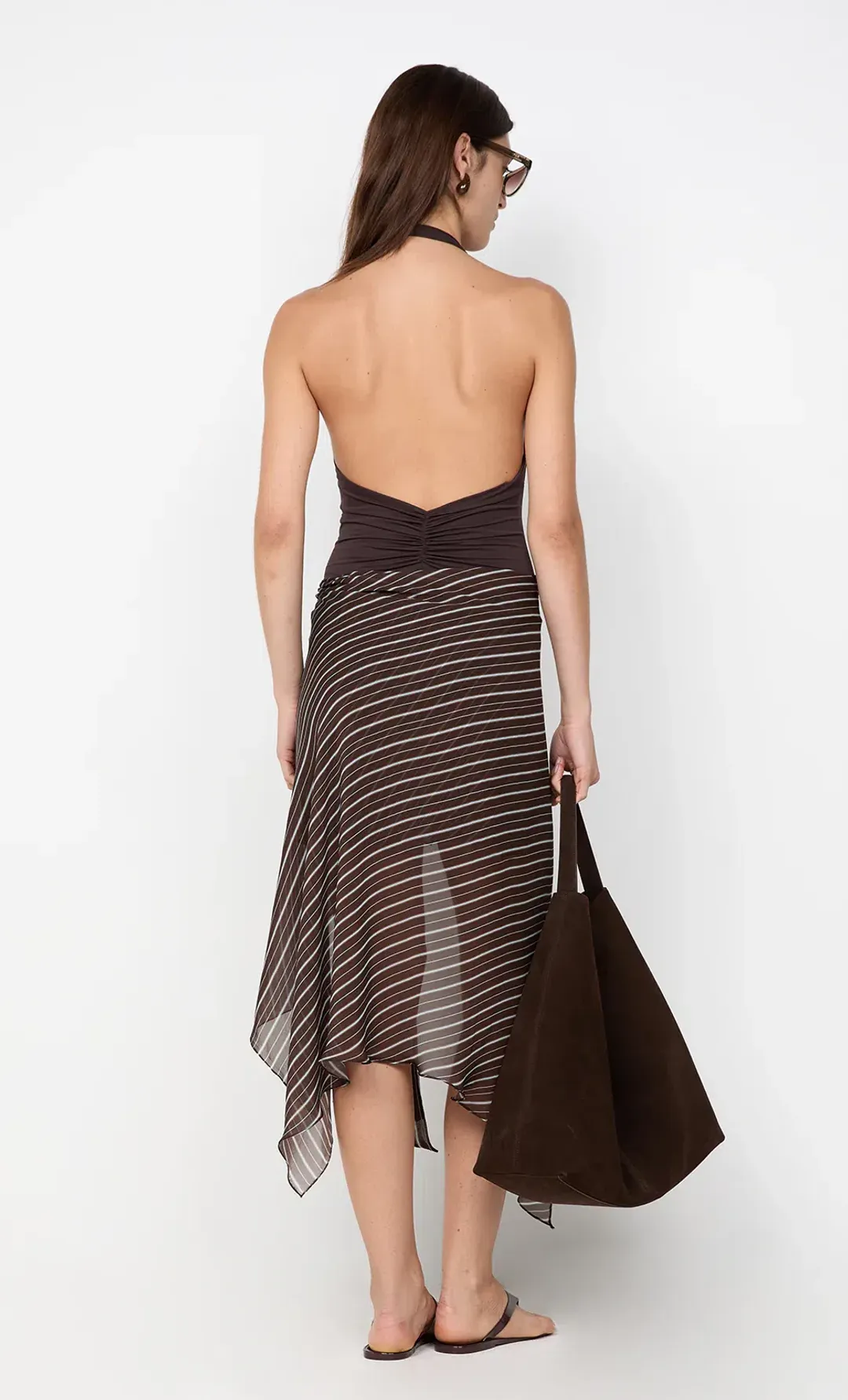 Norma Halter Dress Chocolate Slice Stripe , Brown Size 8 for rent on The Volte - main image