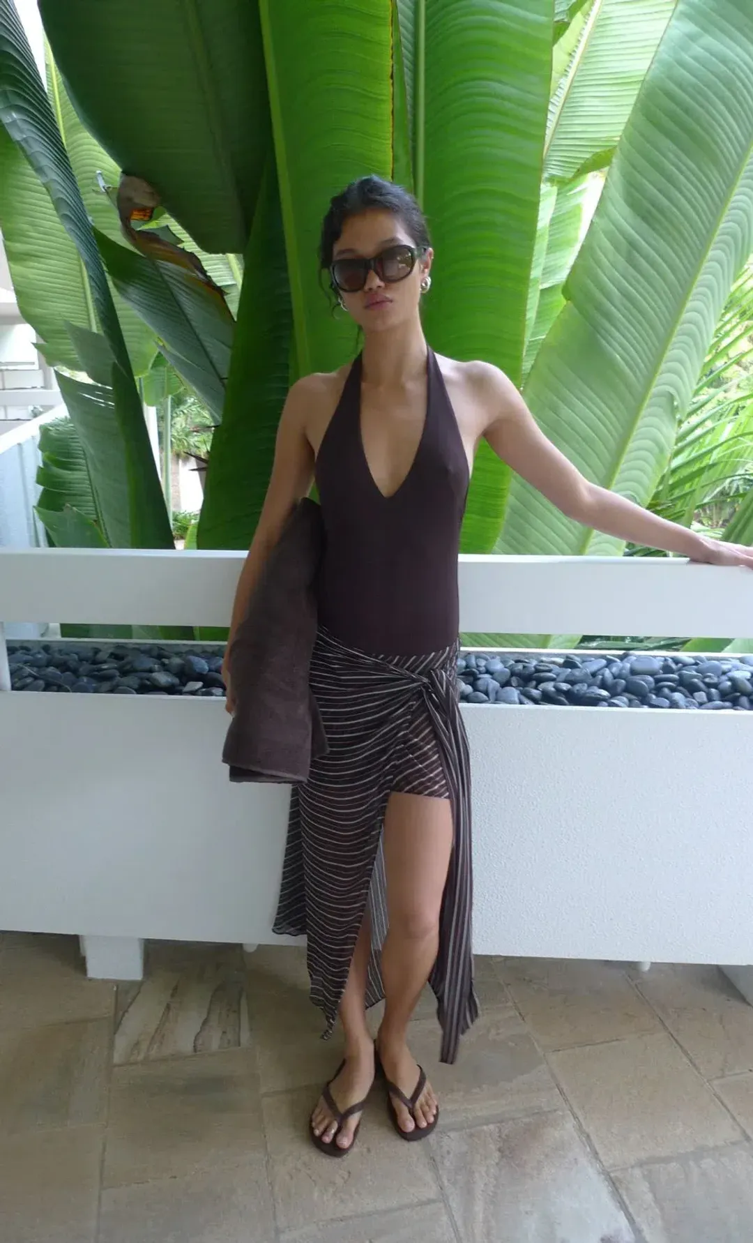 Norma Halter Dress Chocolate Slice Stripe , Brown Size 8 for rent on The Volte - main image
