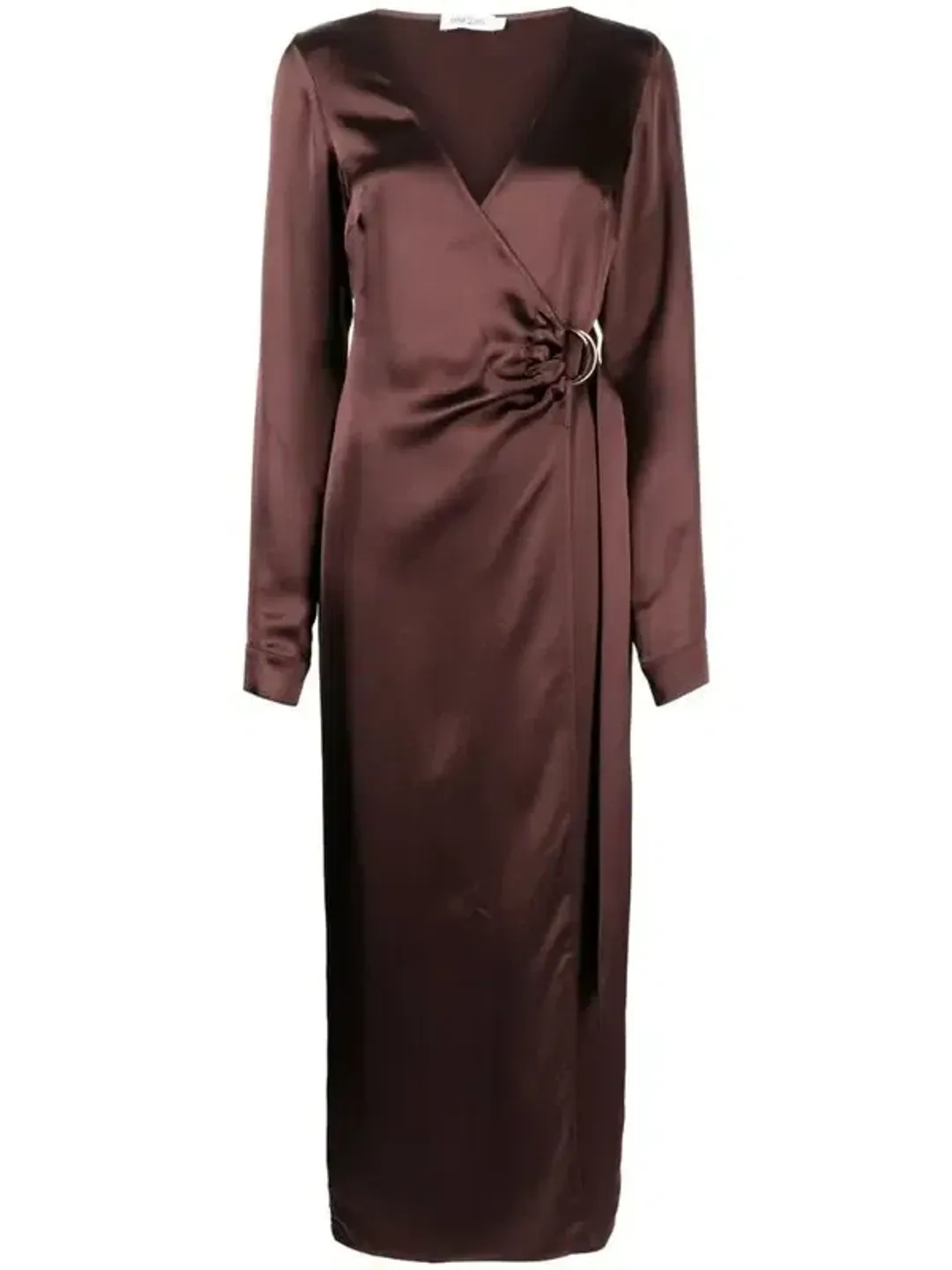 Anna Quan Chocolate Brown Satin Wrap Midi Dress AU10 for rent on The Volte - main image