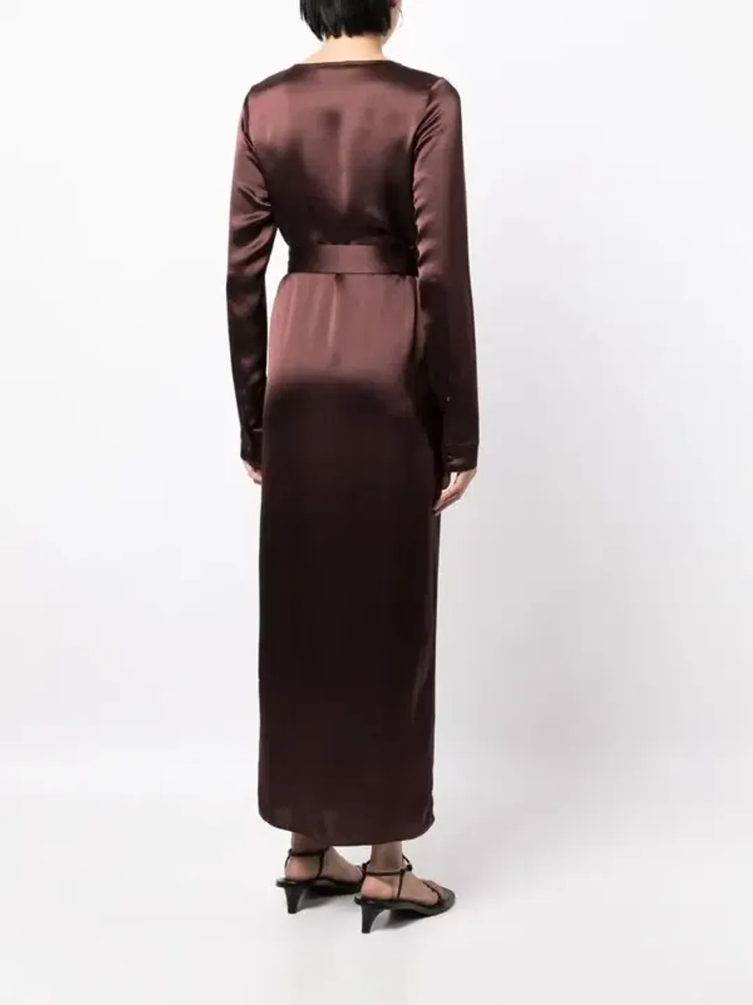 Anna Quan Chocolate Brown Satin Wrap Midi Dress AU10 for rent on The Volte - main image