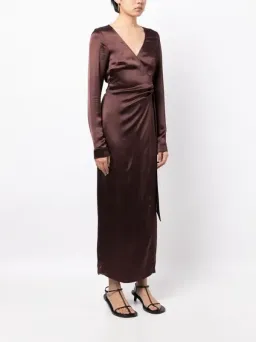 Anna Quan Chocolate Brown Satin Wrap Midi Dress AU10 for rent on The Volte - image 3