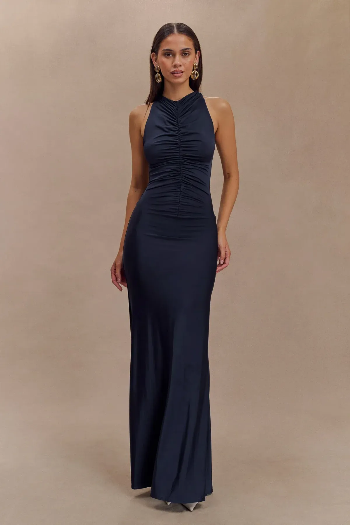 Priya Slinky Ruched Halter Maxi Dress - Navy for rent on The Volte - main image