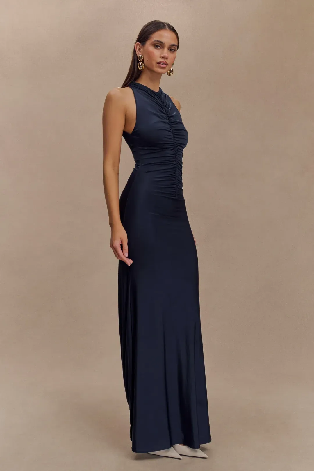 Priya Slinky Ruched Halter Maxi Dress - Navy for rent on The Volte - main image