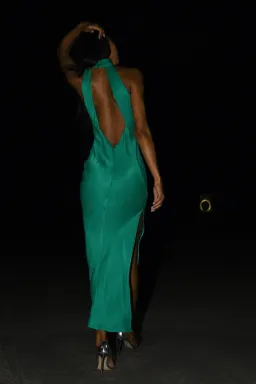 Claire Satin Drape Back Maxi Dress with Split - Green for rent on The Volte - image 5