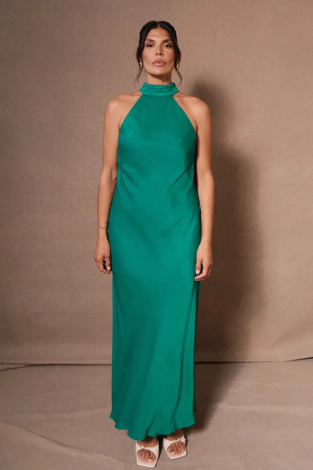 Claire Satin Drape Back Maxi Dress with Split - Green for rent on The Volte - main image