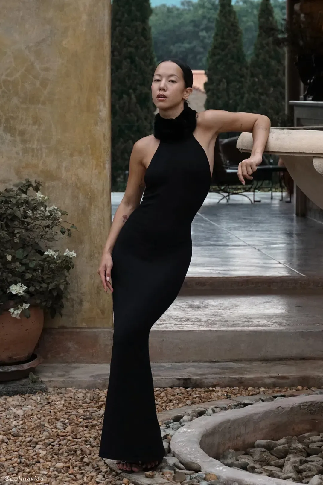 Elva Halter Knit Maxi Dress With Faux Fur - Black for rent on The Volte - main image