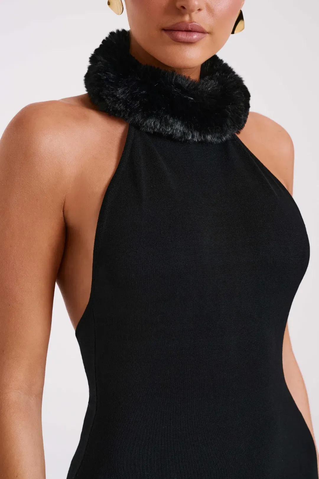 Elva Halter Knit Maxi Dress With Faux Fur - Black for rent on The Volte - main image